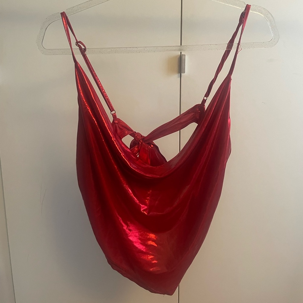 Metallic Red Satin Cowl Neck Top